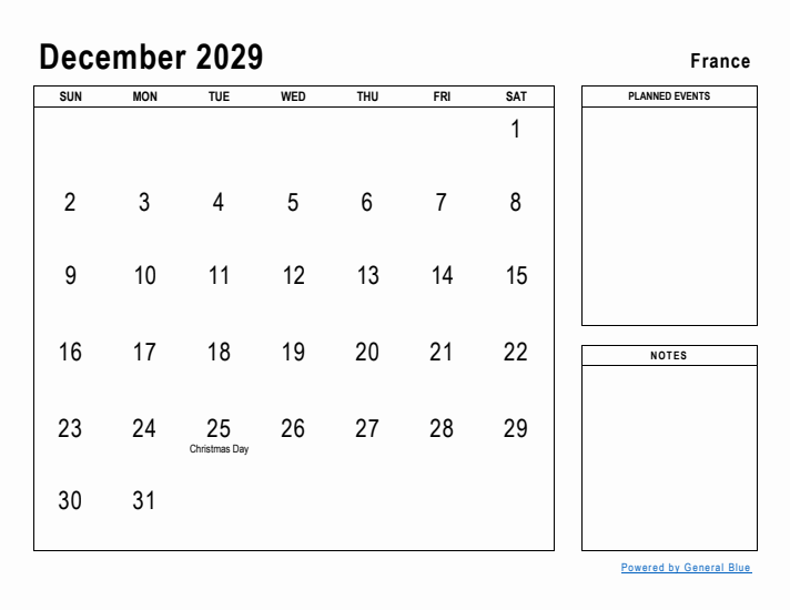 December 2029 Printable Monthly Calendar with France Holidays