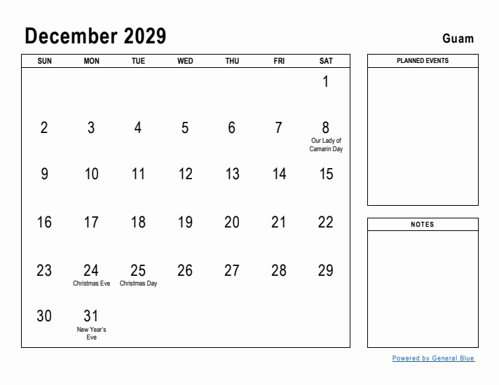 December 2029 Printable Monthly Calendar with Guam Holidays