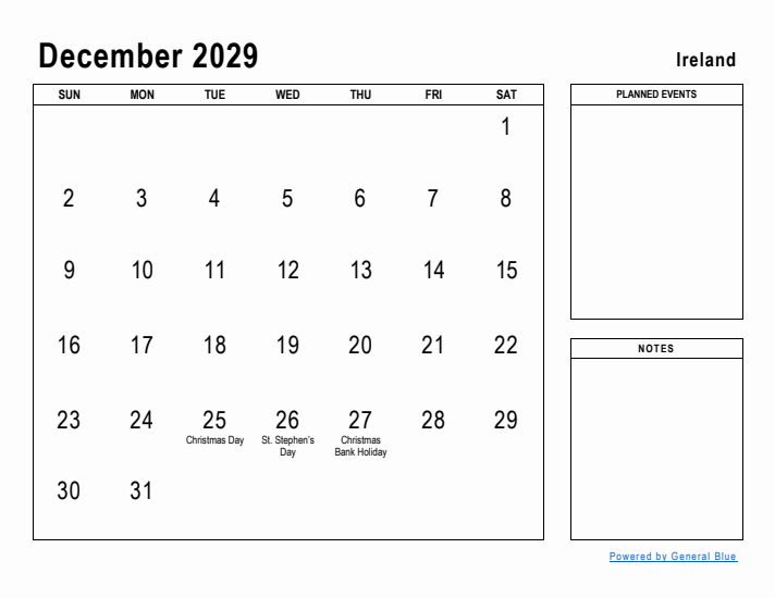 December 2029 Printable Monthly Calendar with Ireland Holidays