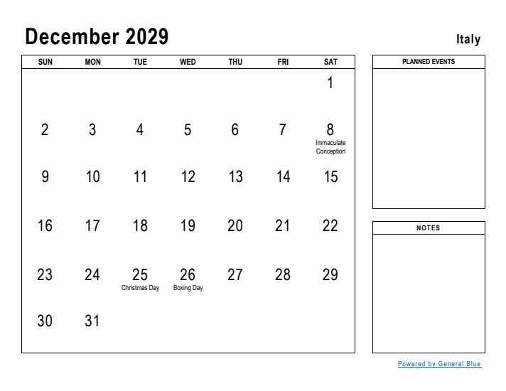 December 2029 Printable Monthly Calendar with Italy Holidays