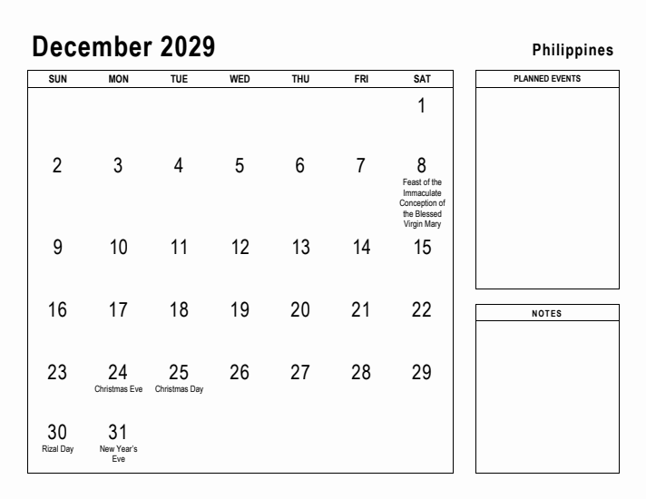 December 2029 Printable Monthly Calendar with Philippines Holidays