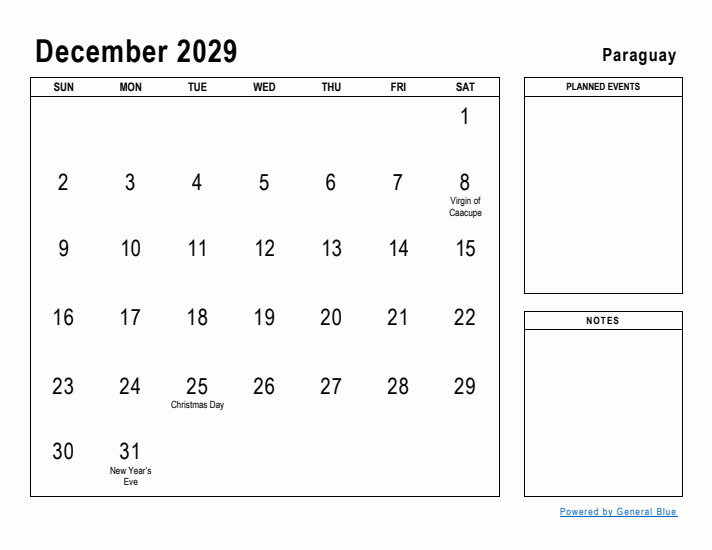 December 2029 Printable Monthly Calendar with Paraguay Holidays