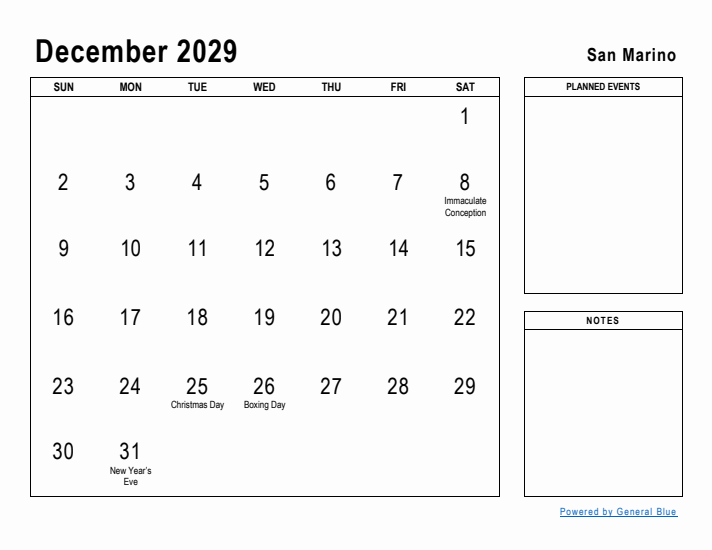 December 2029 Printable Monthly Calendar with San Marino Holidays