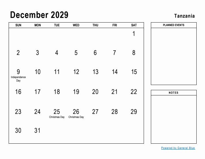 December 2029 Printable Monthly Calendar with Tanzania Holidays