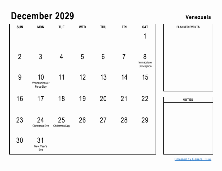 December 2029 Printable Monthly Calendar with Venezuela Holidays