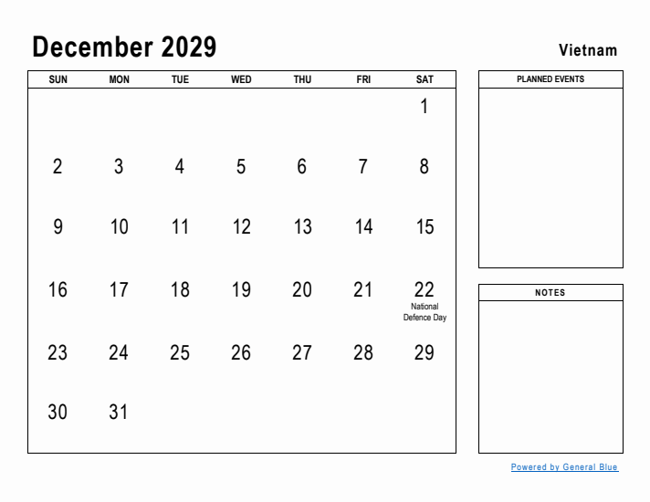 December 2029 Printable Monthly Calendar with Vietnam Holidays