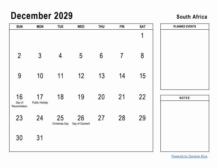 December 2029 Printable Monthly Calendar with South Africa Holidays