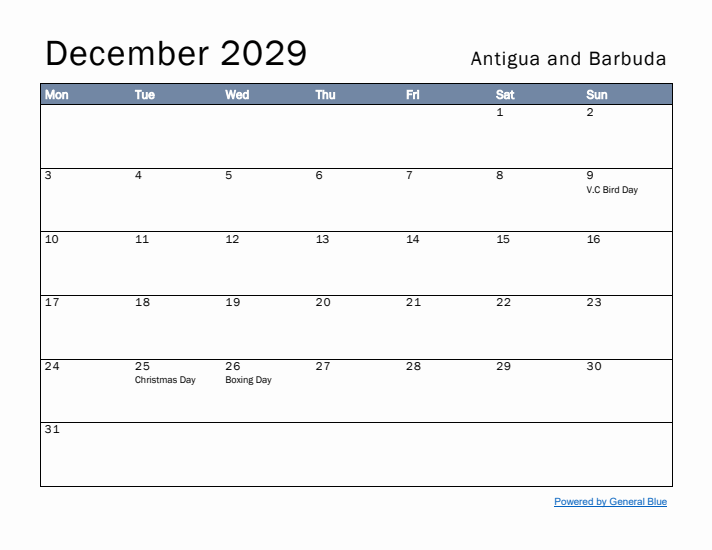 December 2029 Simple Monthly Calendar for Antigua and Barbuda