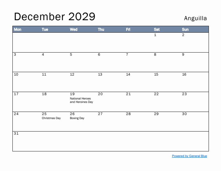 December 2029 Simple Monthly Calendar for Anguilla