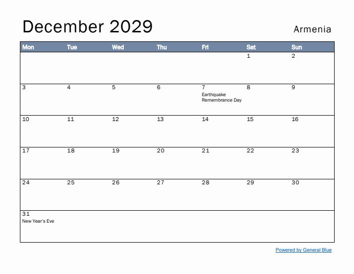 December 2029 Simple Monthly Calendar for Armenia