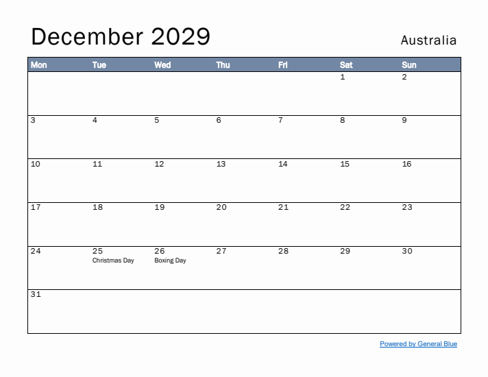 December 2029 Simple Monthly Calendar for Australia