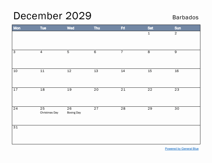 December 2029 Simple Monthly Calendar for Barbados