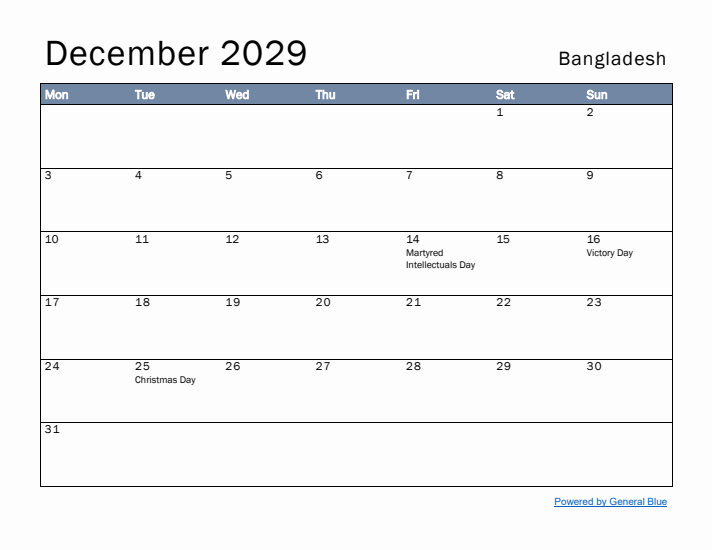 December 2029 Simple Monthly Calendar for Bangladesh