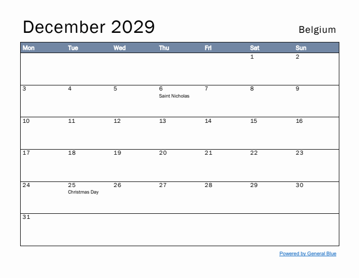 December 2029 Simple Monthly Calendar for Belgium