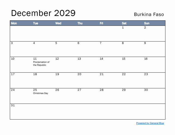 December 2029 Simple Monthly Calendar for Burkina Faso