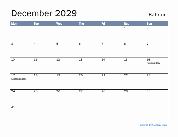 December 2029 Simple Monthly Calendar for Bahrain