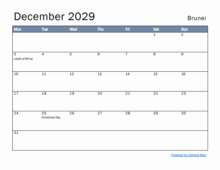 December 2029 Simple Monthly Calendar for Brunei