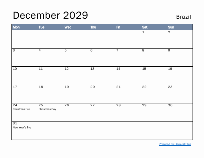 December 2029 Simple Monthly Calendar for Brazil