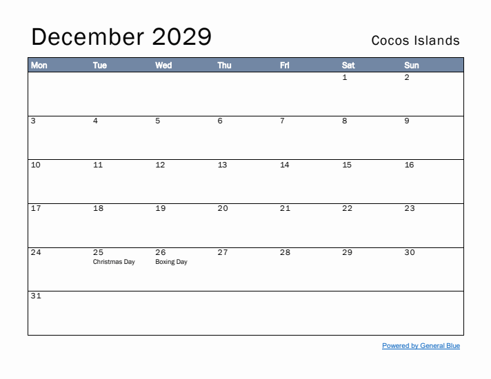 December 2029 Simple Monthly Calendar for Cocos Islands