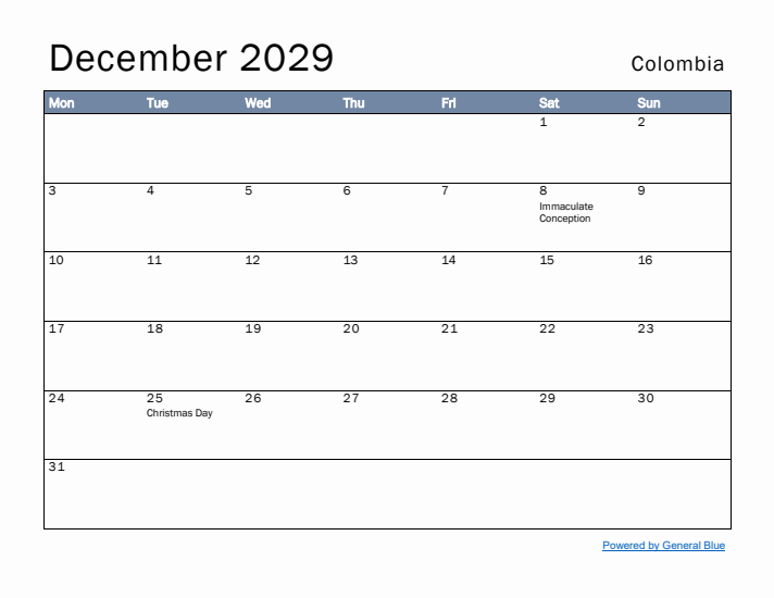 December 2029 Simple Monthly Calendar for Colombia