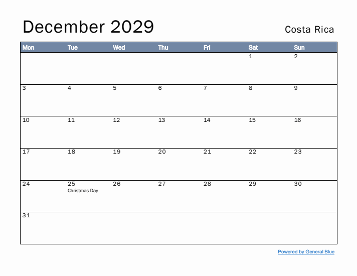 December 2029 Simple Monthly Calendar for Costa Rica