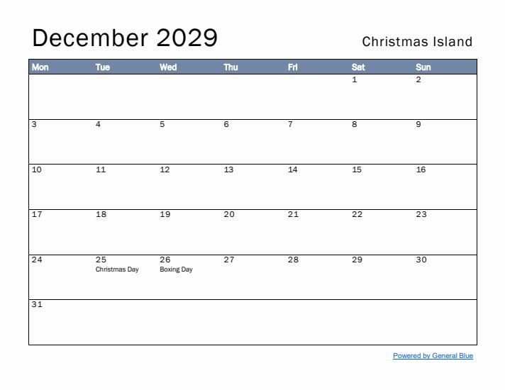 December 2029 Simple Monthly Calendar for Christmas Island