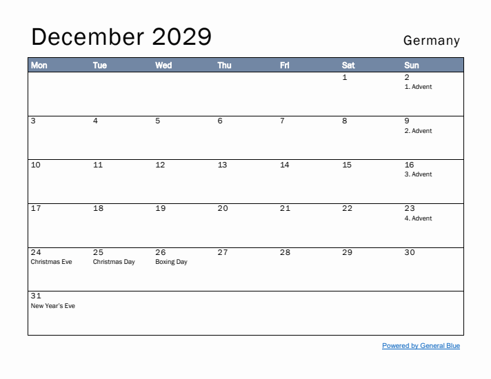 December 2029 Simple Monthly Calendar for Germany