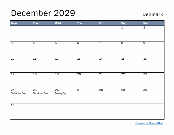 December 2029 Simple Monthly Calendar for Denmark