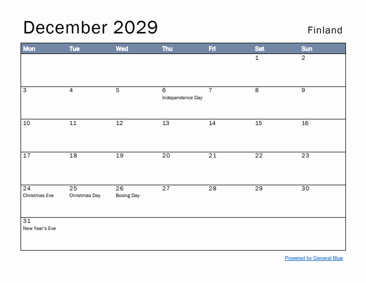 December 2029 Simple Monthly Calendar for Finland