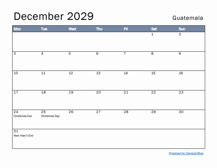 December 2029 Simple Monthly Calendar for Guatemala