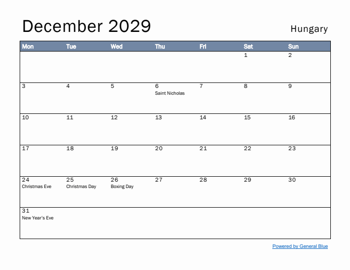 December 2029 Simple Monthly Calendar for Hungary