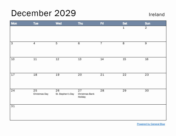 December 2029 Simple Monthly Calendar for Ireland