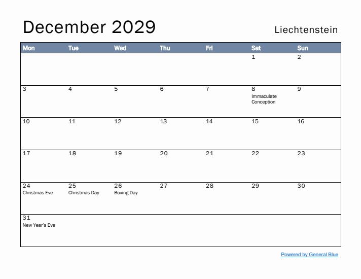 December 2029 Simple Monthly Calendar for Liechtenstein