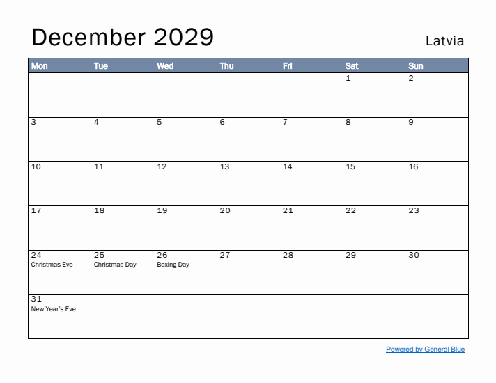 December 2029 Simple Monthly Calendar for Latvia