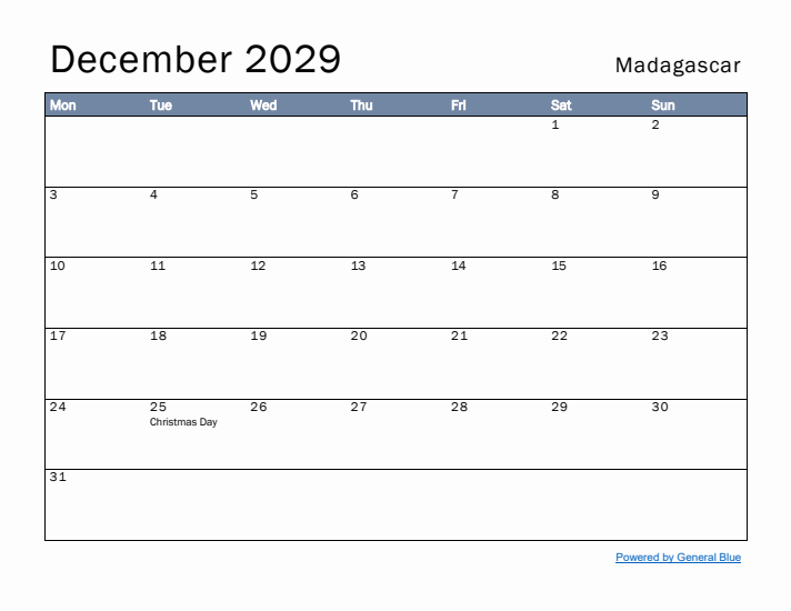 December 2029 Simple Monthly Calendar for Madagascar