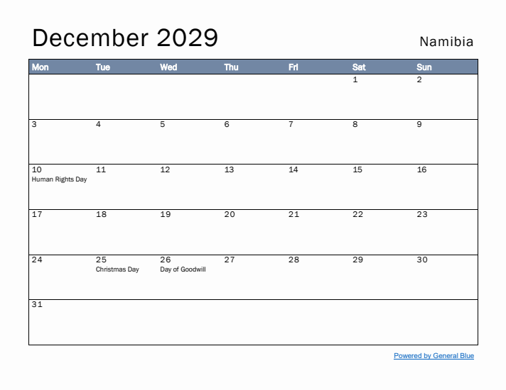 December 2029 Simple Monthly Calendar for Namibia