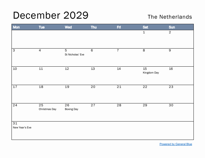 December 2029 Simple Monthly Calendar for The Netherlands