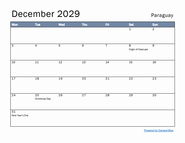 December 2029 Simple Monthly Calendar for Paraguay