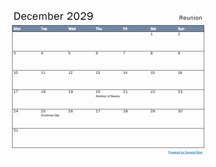 December 2029 Simple Monthly Calendar for Reunion