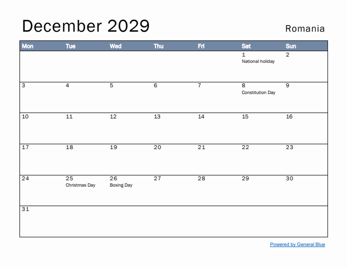 December 2029 Simple Monthly Calendar for Romania