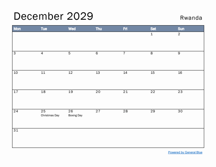 December 2029 Simple Monthly Calendar for Rwanda