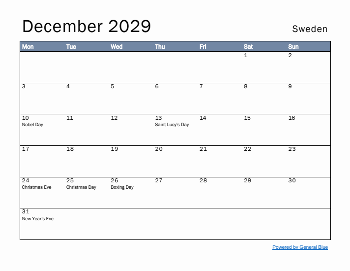 December 2029 Simple Monthly Calendar for Sweden