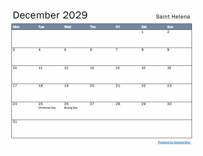 December 2029 Simple Monthly Calendar for Saint Helena