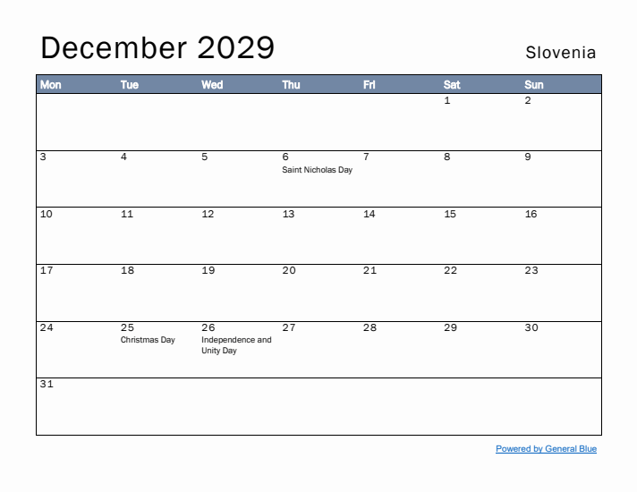 December 2029 Simple Monthly Calendar for Slovenia