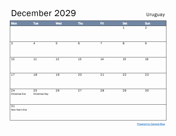 December 2029 Simple Monthly Calendar for Uruguay