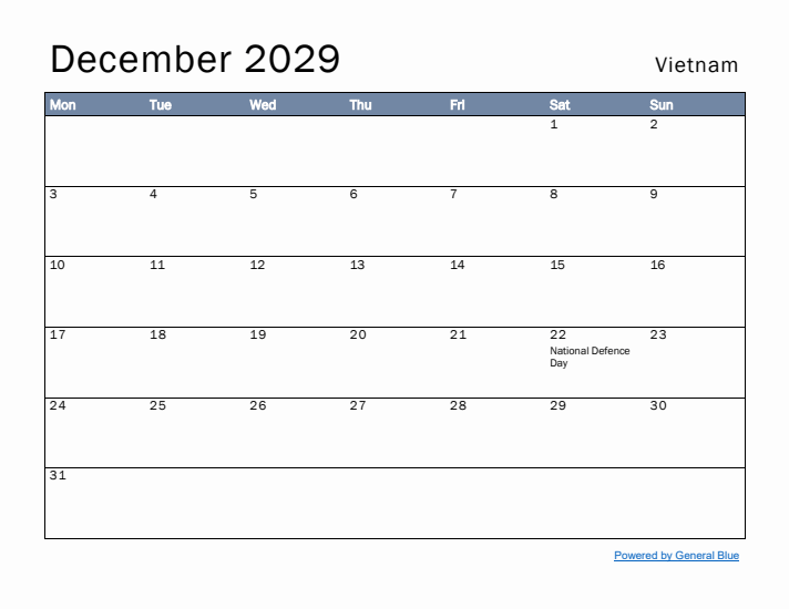 December 2029 Simple Monthly Calendar for Vietnam