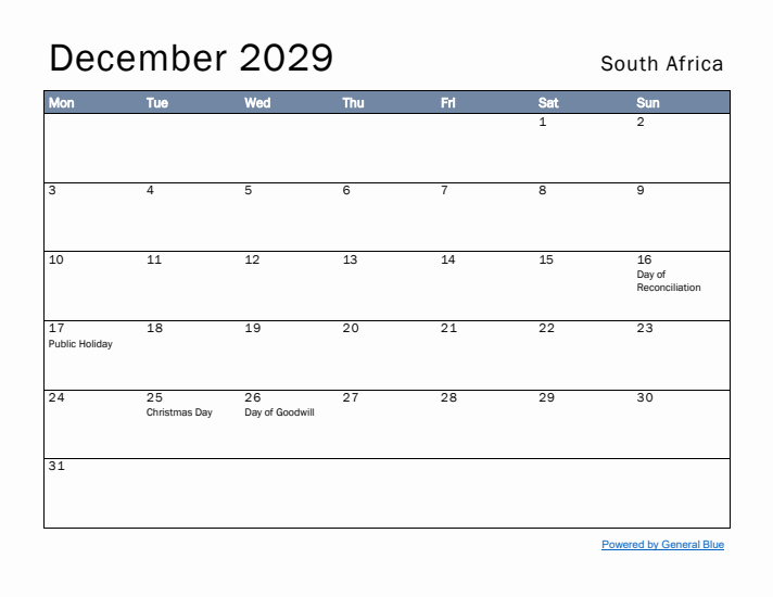 December 2029 Simple Monthly Calendar for South Africa