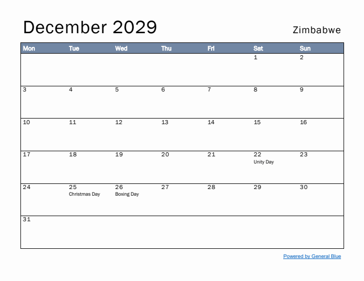 December 2029 Simple Monthly Calendar for Zimbabwe