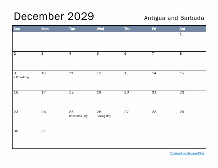 December 2029 Simple Monthly Calendar for Antigua and Barbuda