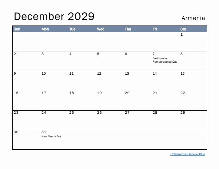 December 2029 Simple Monthly Calendar for Armenia